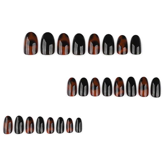Tortoise Shell Press on Nails - Black Short Almond Nails Fall Winter False Nails Press ons with Design, Glossy Acrylic Full Cover Stick on Nails for Women Manicure 24Pcs