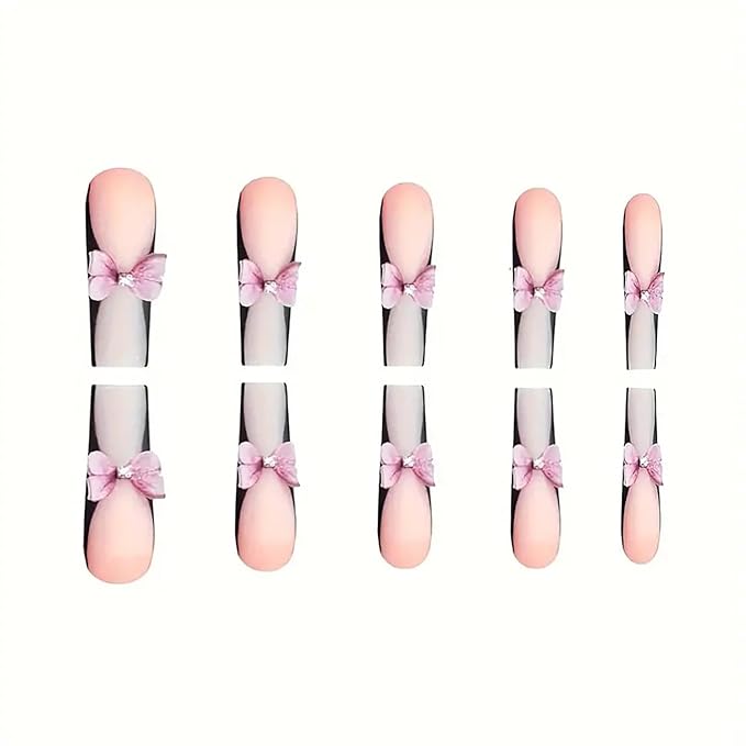 Press on Nails Coffin Long Length Acrylic Glossy Full Cover Square Shaped French False Nails with Designs Artificial Extra Long Fake Nails with Charms Glue ons Fingernails for Women(XXS222)