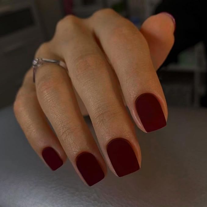 Matte Dark Red Press on Nails Short Square Natural Short Gel Nails Glue on Acrylic Nails Press ons 48Pcs Thick Reusable Fake Nails for Women Short Coffin Artificial Nails Solid Color Square Nails
