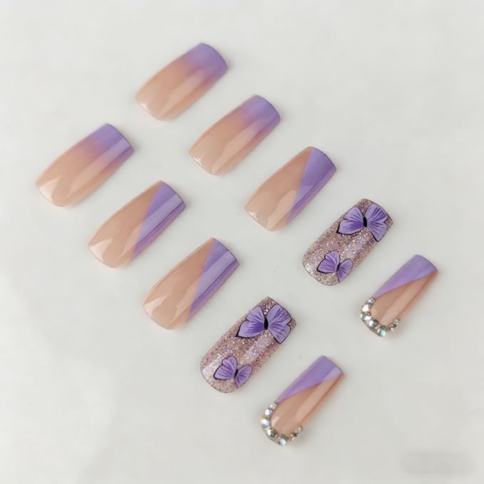 Spring Purple Press on Nails Long Square Fake Nails Butterfly & Rhinestone Design Glitter Nails Full Cover Glossy Stick on Nails for Women Manicure 24PCS