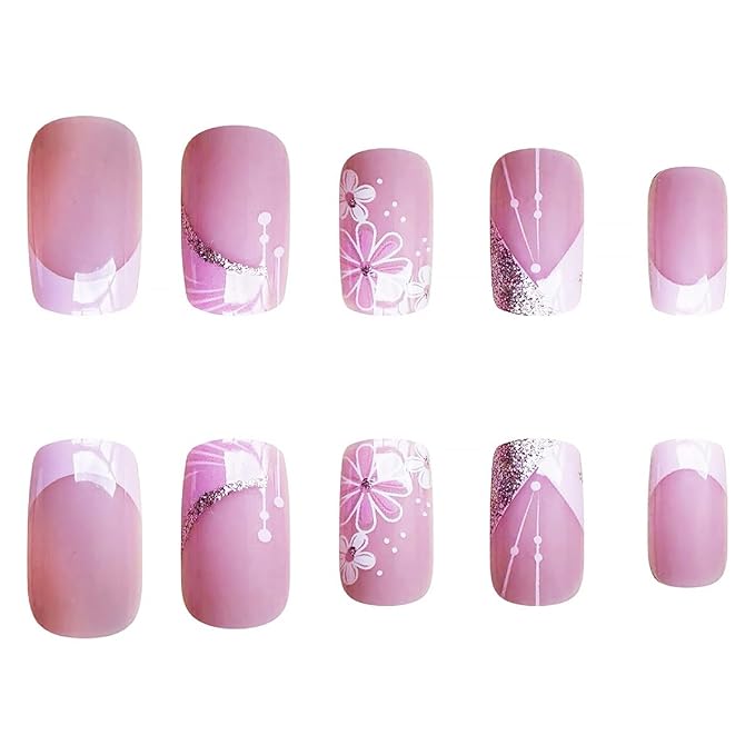 24Pcs Pink French Tip Press on Nails Short Square Fake Nails Spring Cherry Blossoms with Line Design Nude Pink False Nails Stick on Nails Full Cover Artificial Glue on Nails for Women DIY Manicure
