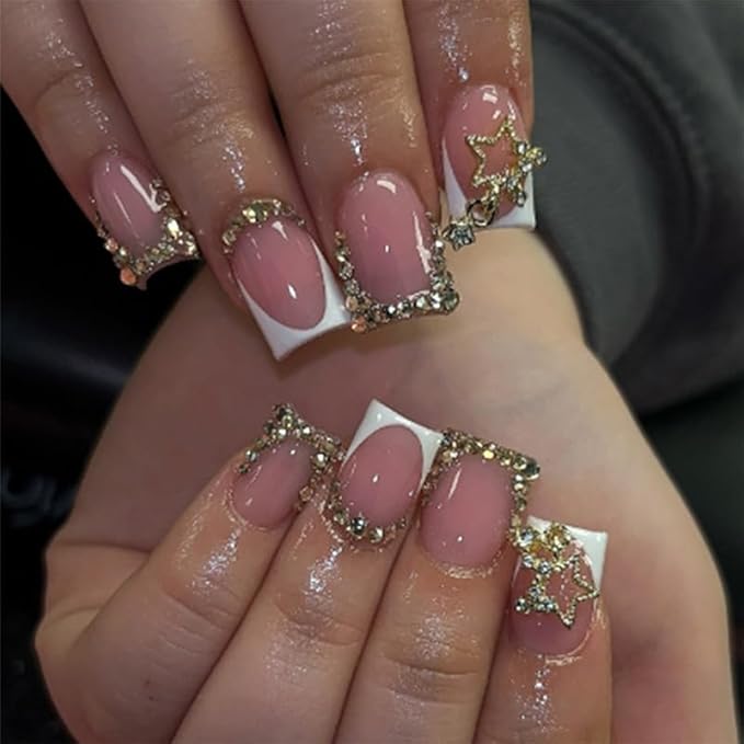 French Tip Press on Nails Square Fake Nails Gold Rhinestones False Nails with Gold Stars Charms Design Artificial Full Cover Glue on Nails for Women Manicure 24Pcs