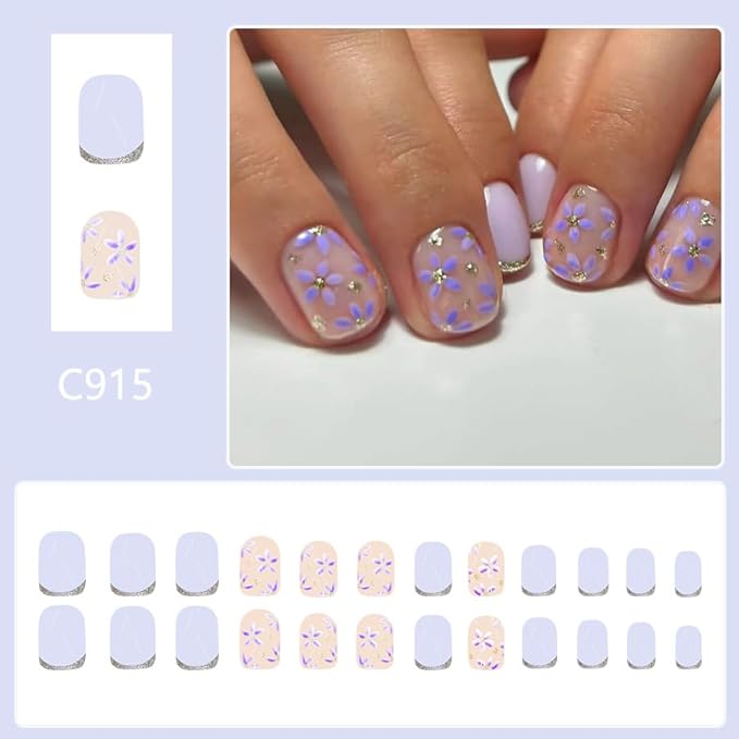 Generic Short Press on Nails Mummer Square Acrylic Nails Purple Flower Designs Cute French Tip Artificial False Nails Press ons Reusable Stick on Nails Summer Glue on Nails 24Pcs