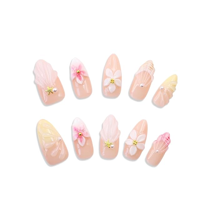 Handmade Flower Press on Nails French Tip Almond Medium False Nails with 3D White Flower & Water Ripple Art Designs Muti-Layer Gel Thick Artificial Acrylic Nails for Women (Size S)