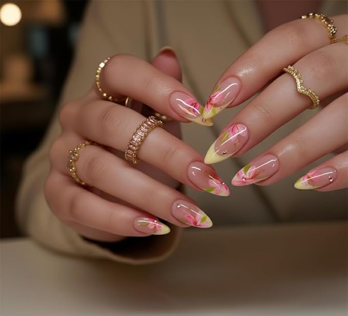 Press on Nails Almond Painted Flowers French Fake Nails French Fake Nails Reusable Nail Kit with Glue Adhesive Tabs Mini File for Women Manicure Nail Art Decoration 24PCS
