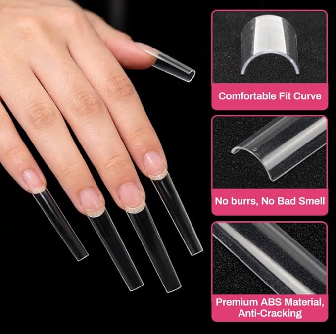 Long Square Nail Tips - 240PCS Clear Half Cover False Nails, Acrylic Nail Tips for Press Ons, 2XL Extra Long, 12 Sizes Manicure Extension Kit, DIY Nail Art Supplies for Nail Salon Home