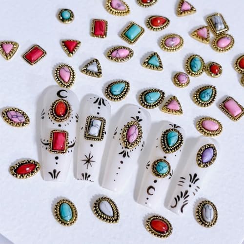 50 PCS Metal Turquoise Nail Charms - Western Cowboy Nail Art Decorations, 3D Nail Gems for DIY Manicure, Mixed Shapes Nail Accessories for Gel Acrylic Nails (B)