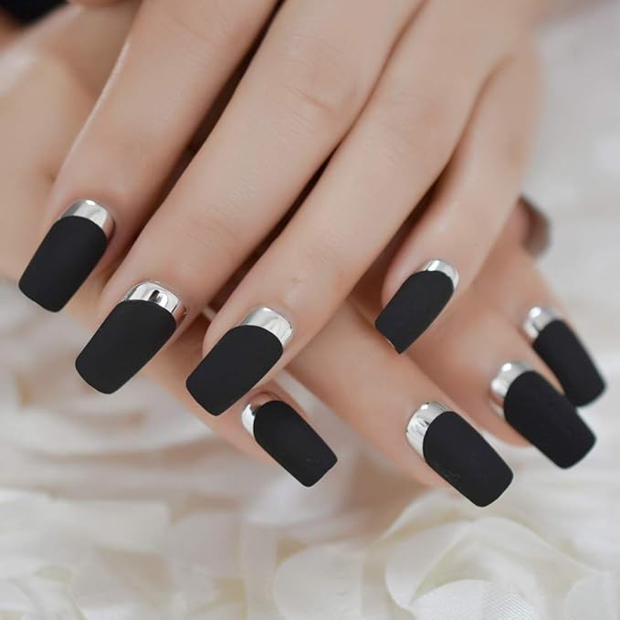 Matte Square Fake Nails Medium Long Size French Moo Nail Silver Metallic ABS Fingernails 24 count