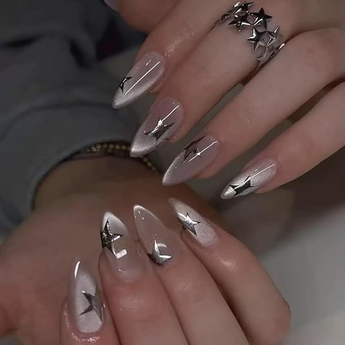 Almond Press on Nails Medium - Glitter Fake Nails with Sliver Star Design - Glossy Bling Full Cover Stick on False Nails for Women Manicure 24 Pcs