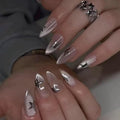Almond Press on Nails Medium - Glitter Fake Nails with Sliver Star Design - Glossy Bling Full Cover Stick on False Nails for Women Manicure 24 Pcs