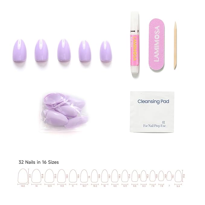 LAMIMOSA 32Pcs Lilac Press On Nails Short Almond – Soft Gel Fake Nails in 16 Sizes, Reusable Glue on Nail kit, LILAC