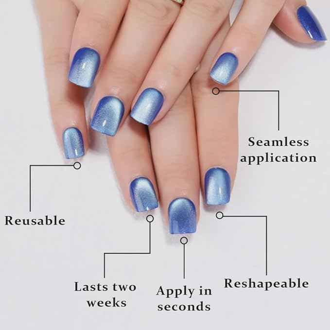 evpct Blue Cat Eye Extra Short Press on Nails Square, Petite Short Square Stick on Nails for Women Gift, Light Sky Blue Metallic Glitter Glossy Reusable Gel Press on Acrylic Fake Nail with Designs