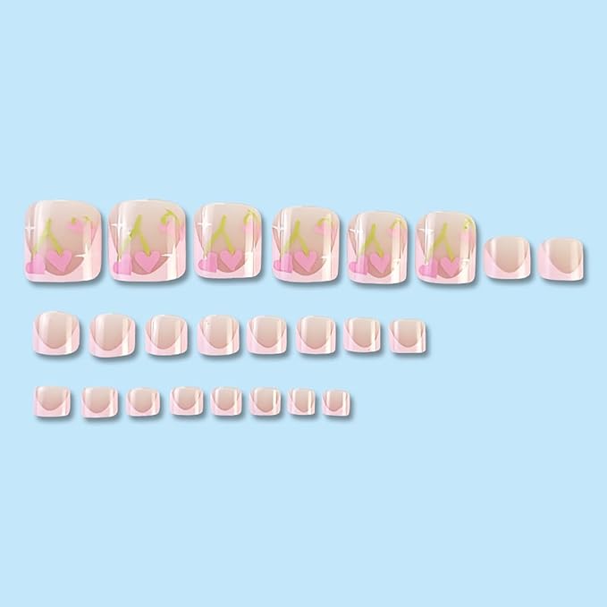 24 Pcs Valentines Day Press On Heart Pink French Tip False Toenails Full Cover Glue On Nails for Women Girl Nail Design Decoration