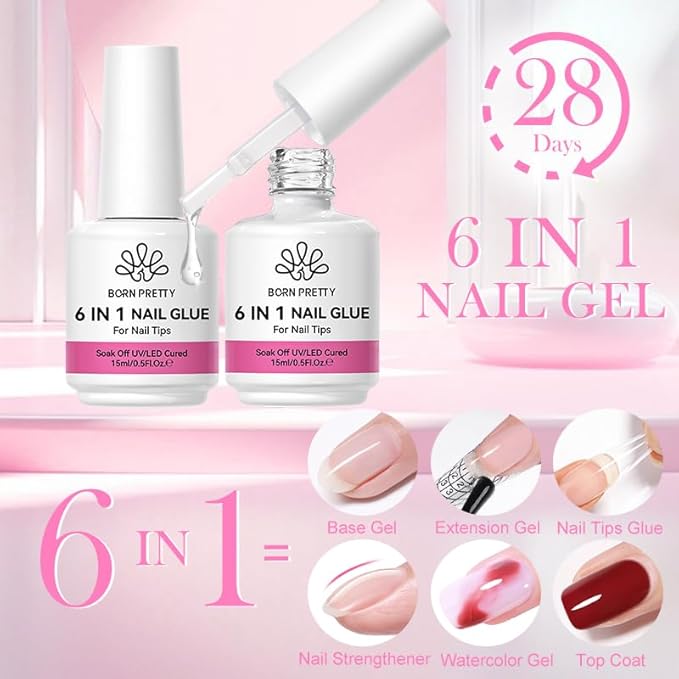 Born Pretty Nail Glue for Press on Nails, Blooming & Rhinestone - Quick Dry Nail Adhesive for Tips, 6 in 1 Gel Nails Glue Nail Art Design and DIY Extensions for Home Salon