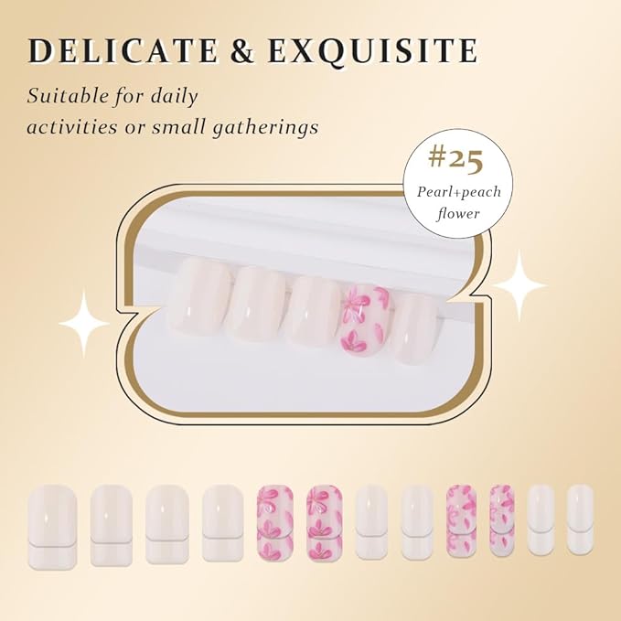 Ivory White Press on Fake Nails Short Square with Peach Flower Design, Glossy Press on Nails for Wide Nail Beds Reusable Manicure for Women Girls, Perfect Fit Stick on Soft Nail Press ons 24Pcs
