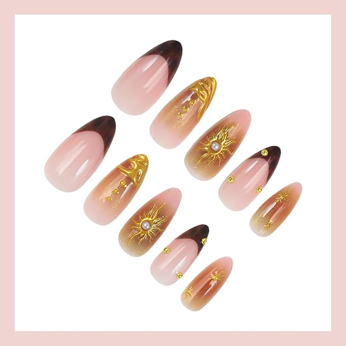 24Pcs Gold French Tip Press on Nails Medium Almond Fake Nails 3D Pearl Sun Star Acrylic Nails Gold Beads Full Cover French Tip False Nails Glossy Chrome Glue on Nails Reusable Stick on Nails for Women