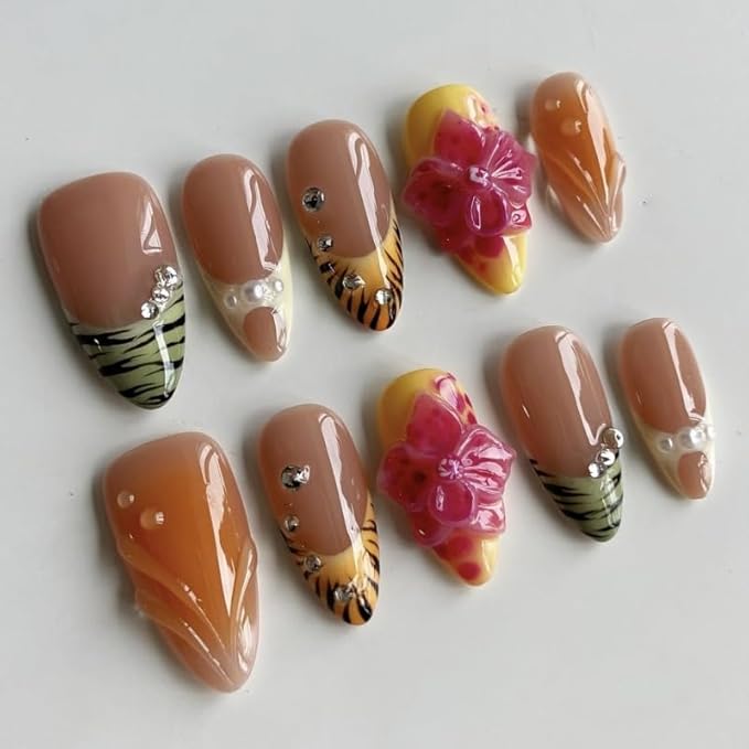 French Tip Press on Nails Medium Almond MABKJLF Fake Nails False Nails with Flower Pearls Rhinestones Tiger stripes Designs Glossy Glue on Nail Full Cover Acrylic Nails for Women Girls 24Pcs