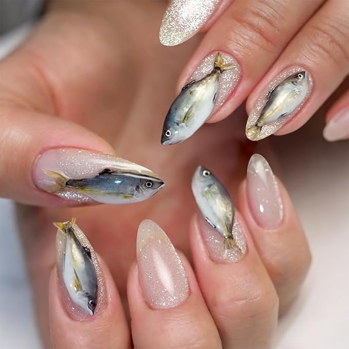 Almond Press on Nails Medium Fake Nails 3D Fish False Nails Finish Cat Eye Glue on Nail Cute French Tip Acrylic Nails Full Cover Stick on Nail for Women Manicure 24Pcs
