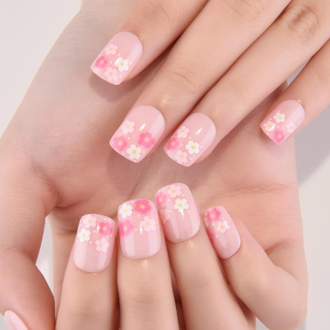 evpct Pink Flower Press on Nails Short Square, Glossy Cute Pink Fake Nails with Floral Design, Stick on Nail Press ons for Women Gifts, Soft Gel Acrylic Nail Perfectly Fit with Manicure Kit 30Pcs