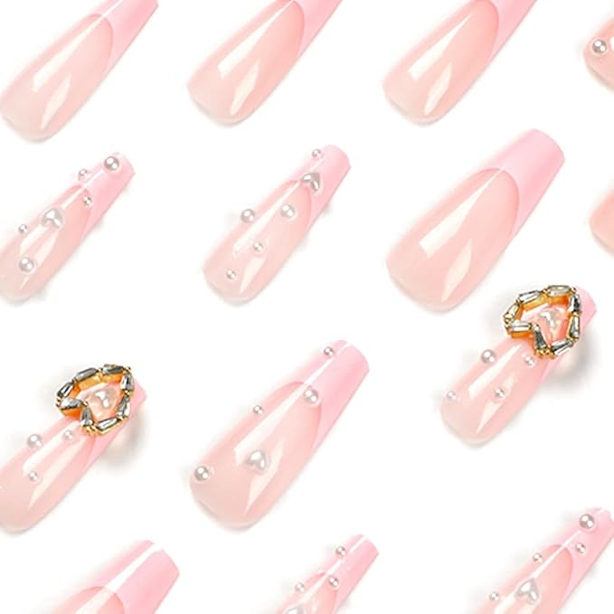 Pink French Tip Press on nails Long Coffin Fake Nails Acrylic Nails with Love Nail Charms Design Fashion Romantic Pearl Valentine's Day Nail Decoration for Nails for Women and Girls 24 Pcs