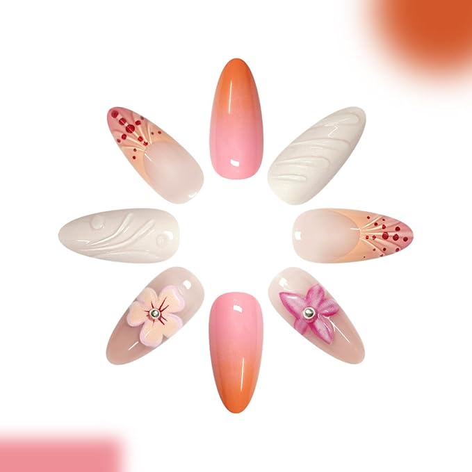 Summer Press on Nails Almond - Medium French Tip Fake Nails 3D Flower Fake Nails Press ons with Silver Beads Design, Glossy Acrylic Nails Full Cover Glue on Nails for Women Manicure 24Pcs