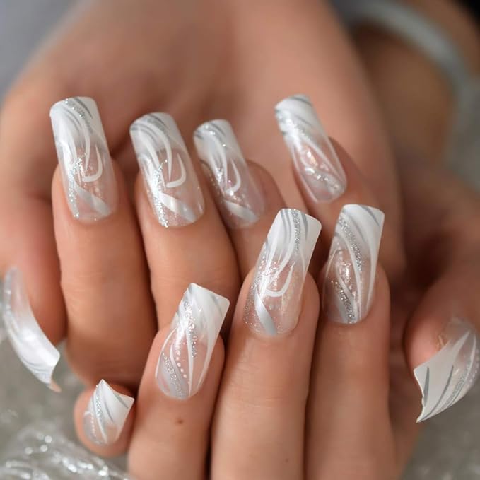 Square Fake Nails Long Length Predesigned False Nails (Clear white)