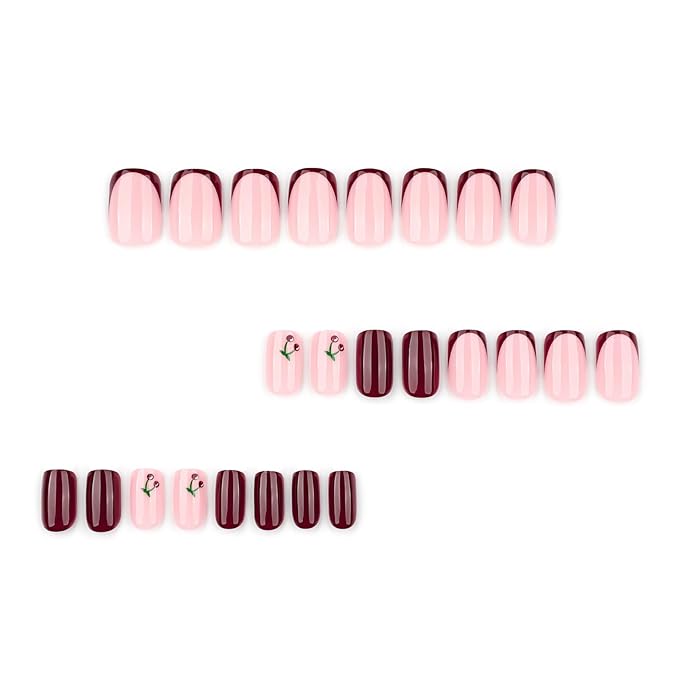 Square Press on Nails Short Fake Nails with Designs Cherry Stick on Nail Retro Red Acrylic False Nail Glossy Artificial Nail Full Cover Glue on Nails for Women 24Pcs