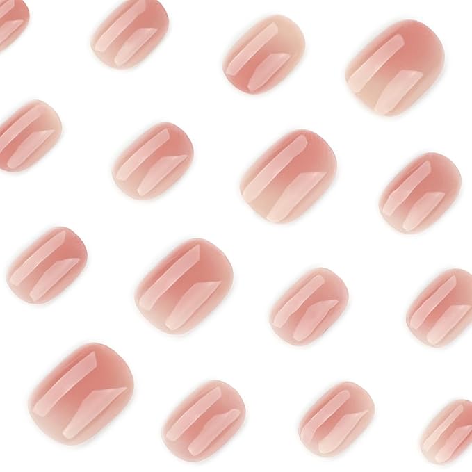 Jelly Press on Nails Short Squoval Fake Nails Pink Nails Press ons with Design Full Cover Stick on Nails for Women Manicure,Reusable | Artificial | Glue Tabs | Easy Apply | 24Pcs