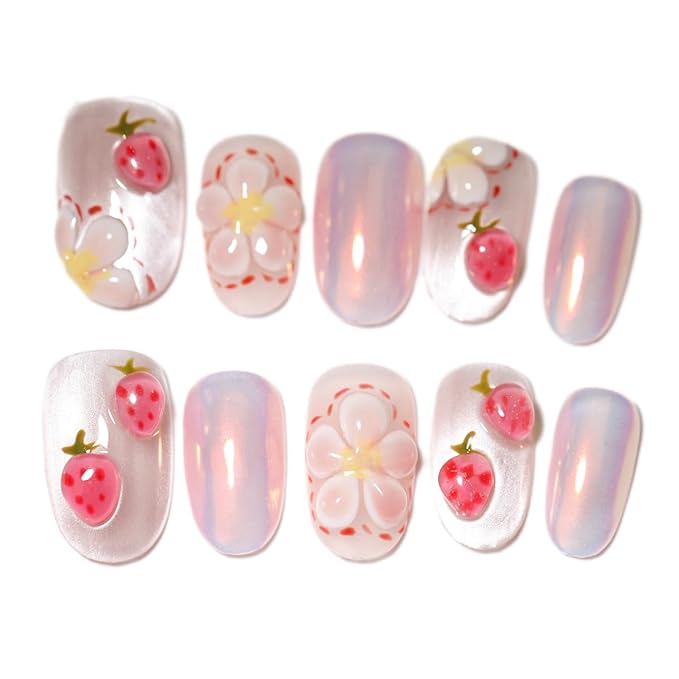 10Pcs Short Oval Handmade Press On Nails | Iridescent Pink with 3D Strawberry & Floral Decor | Easy to Apply, Remove & Reusable, Salon-Quality (A008, S)