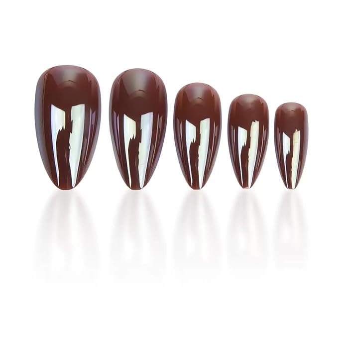 Press on Nails Almond - Medium Fake Nails with Solid Color Design - Winter, Brown False Nails Press ons - for Women 24 Pcs
