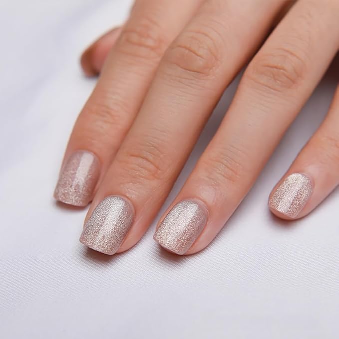 Nude Press on Nails Short Square, Summer Cat Eye Press on Nails, Fashion Gel Fake Nails, Reusable Acrylic Fake Nails, Glossy Stick on Nails for Women, Glue on Nails Kit, Icy Nude