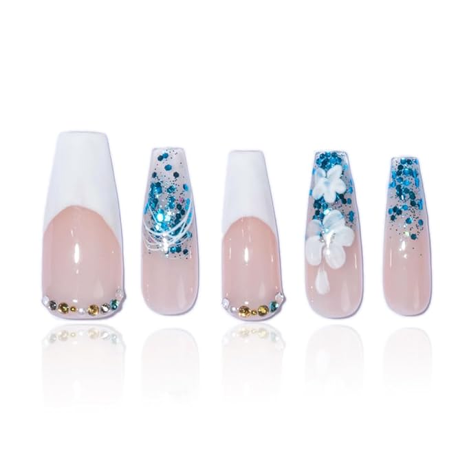 2025 100% Handmade Nails Reusable Medium Press-on Nail French Hand Painted Petals Full Coverage False Nail Set for Women (French-style Petal, Long)