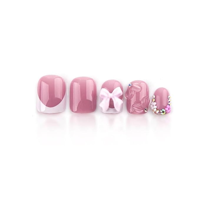 Handmade Press on Nails Short Square Cute French Tip Fake Nails 3D False Nails with Designs Flower Bow Charms Pink & White Glossy Glue on Nails Stick on Nails Acrylic Nails for Women Girls 24 Pcs