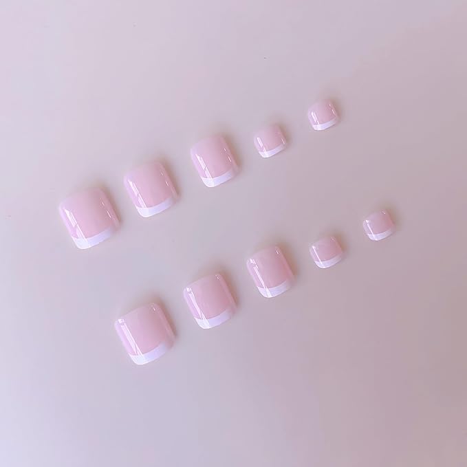 48Pcs White French Tip Press on Toenails Press on Nails Long Square Fake Nails with Design Skin Tones Glue on Nails Nude False Nails Glossy Reusable Summer Nails Toenails for Women Manicure