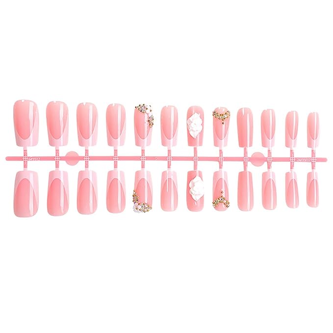 Coffin Press on Nails Long Square Fake Nails Pink French Tip Acrylic Nails with Cute Flower and Rhinestones Designs False Nails Glossy Glue on Nail Full Cover Artificial Nail for Women Girls 24Pcs