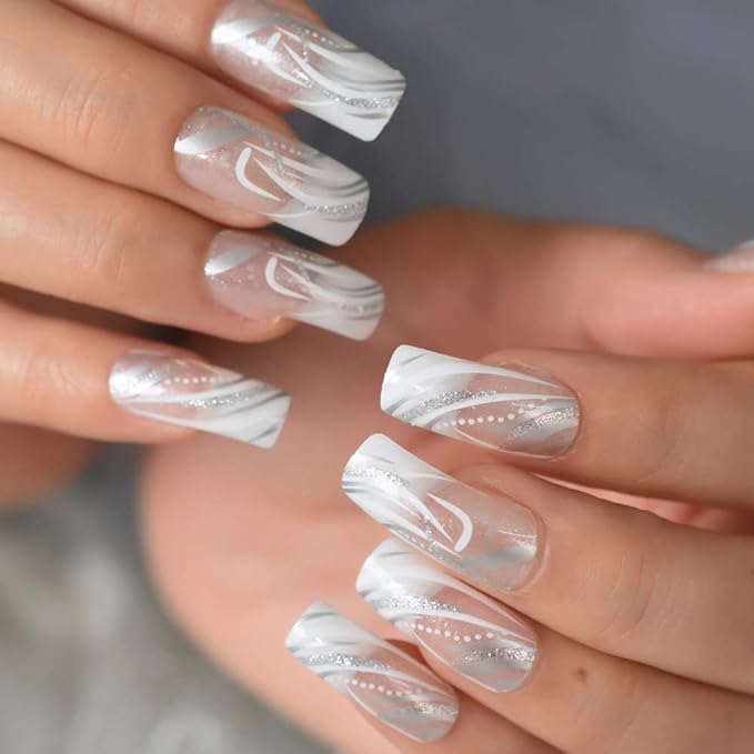 Square Fake Nails Long Length Predesigned False Nails (Clear white)