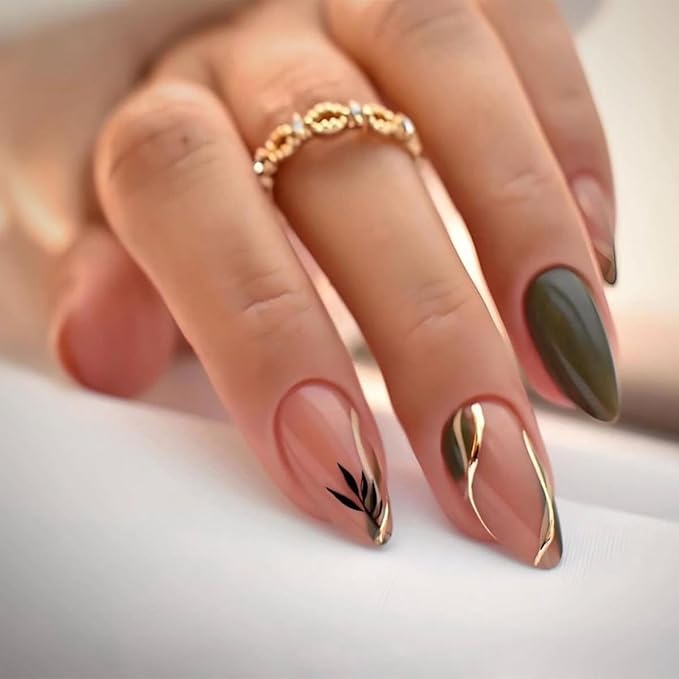 Almond Press on Nails Medium - Dark Green Fake Nails with Gold Line Design - Fall Stick on False Nails - for Women 24 Pcs