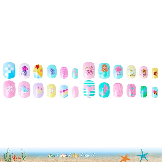 120Pcs 10 Packs Cute Short Press on Nails for Girls 5 Styles 12 Sizes Press on Nails for Kids Press ons with Jellyfish Whale Mermaid Dolphin Octopus Starfish Designs for Little Girl Gift DIY Manicure