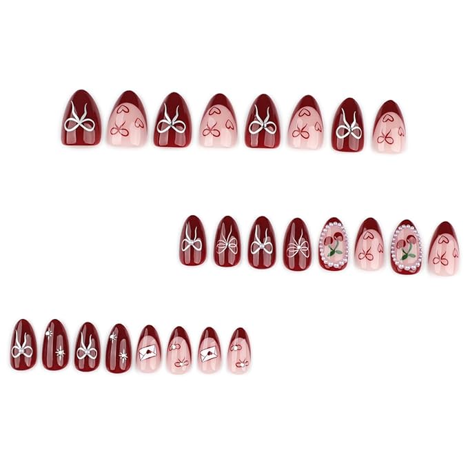 Valentines Press on Nails Short Almond Fake Nails Dark Red Nails Press ons with Cherry,Bows,Hearts,Pearls Design Full Cover Stick on Nails for Women Manicure,Reusable | Glue Tab | Easy Apply | 24Pcs