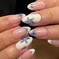 French Press On Nails Short Almond, Nude Base with Beige French Tips and Blue Floral Petal Design Glossy Gel Finish 24pcs Reusable Acrylic Fake Nails Kit for Women Natural Look Glue-On Nail Set