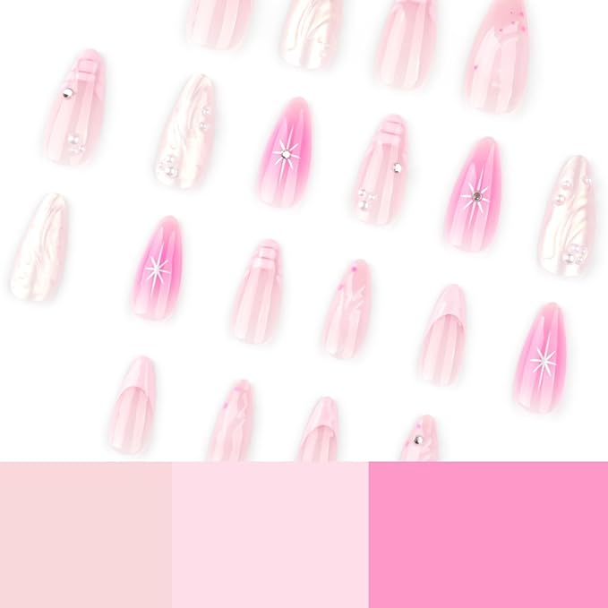 Medium Press on Nails Almond Fake Nails French False Nails Ombre Artificial Nails with Pearl Designs Acrylic Nails Press ons Pink Stick on Nails for Women 24pcs