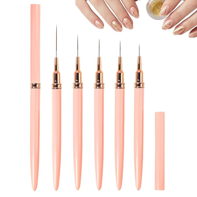 Metallic Nail Art Pens, 2026 New Liner Brushes Set, 5PCS Black Color Nail Tools For Long Lines, Fine Drawing, Liner Brush UV Gel Polish Painting Nail Design Sizes 6/9/11/16/24mm (Pink)