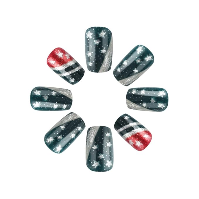 24Pcs Short Press on Nails Independence Day Nails Press ons Square Fake Nails with Glitter & Stripe Designs Full Cover Stick on Nails Patriotic False Nails for Women 4th of July