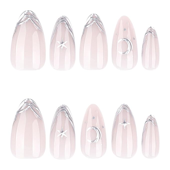 Silver French Tips Press on Nails Short, Star Fake Nails Moon False Nails Press ons with Silver Design, Alomnd Shape Full Cover Nude Glue on Nails for Women Manicure 24Pcs