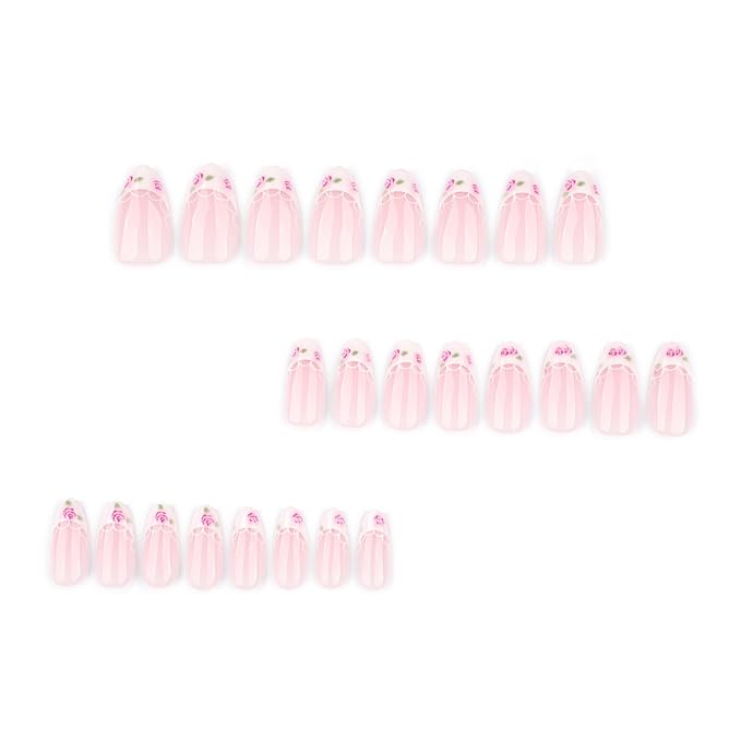 Spring Summer Press on Nails Almond Fake Nails with Lace Rose Designs, Medium French Tip White Flower Nails Spring Glue on Nails Cute |Reusable|Easy Apply |Glossy|Daily Wear 24Pcs