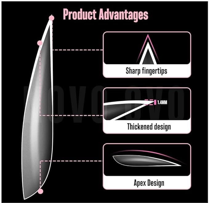 NOVO OVO Long XL Sharp Stiletto Pointed Nail Tips Press on, Extra Long Soft Gel Double Matte Clear Fake Nail Extension, Full Cover False Nails for Acrylic, for Salon DIY x 16 Sizes 224 pcs