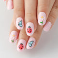 evpct Baby Pink Press on Nails Medium Oval, Glossy Artificial 3D Fake Nails Kit with Design, Spotted Ladybug & Butterfly & Mushroom & Flower, Stick on Nails with Nail Kit, Reusable Stick on Nail Kit