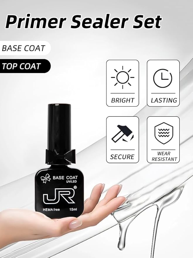 JR 2Pcs 15ML HEMA Free No Wipe Gel Top &Base Coat Set Long Lasting Formula Top Base Coat UV LED Nail Lamp Needed Quick Dry High Glossy Shiny No Chip for Nail Art Manicure