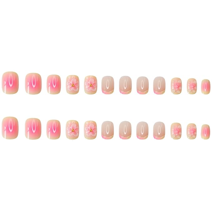 3D Short Square Press on Nails French Tip Fake Nails Pink&Yellow False Nails with Flower Water Drop Designs Glossy Glue on Nails Floral Stick on Nail for Women Girls 24Pcs