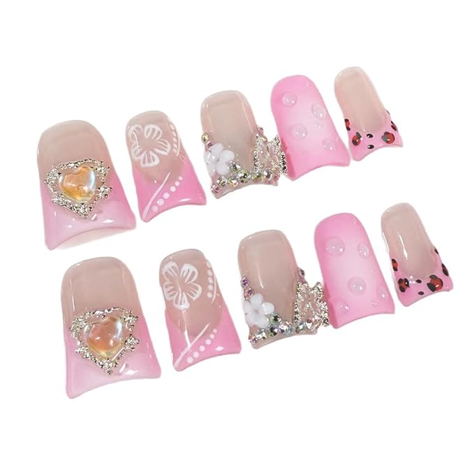 Duck Press on Nails Handmade Fake Nails Short False Nail 3D Flower Bow and Heart French Tip Pink Sparkly Luxury Artificial Nail for Women 10pcs (Size M）